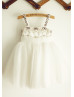 Ivory Beaded Satin Tulle Tutu Princess Flower Girl Dress